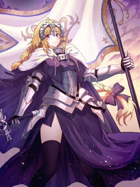 Anime picture 3000x4000 with fate (series) fate/apocrypha jeanne d'arc (fate) (all) jeanne d'arc (fate) kimsw0522 single tall image blush fringe highres blonde hair standing purple eyes holding payot looking away sky cloud (clouds) braid (braids) very long hair