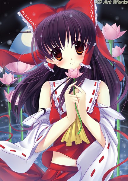 Anime picture 800x1131 with touhou hakurei reimu caidychen single long hair tall image looking at viewer blush smile red eyes purple hair girl dress skirt flower (flowers) bow ribbon (ribbons) hair bow skirt set