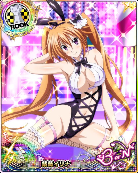 Anime picture 640x800 with highschool dxd shidou irina single tall image looking at viewer blush breasts light erotic brown hair purple eyes twintails animal ears very long hair bunny ears card (medium) girl thighhighs navel fishnet stockings