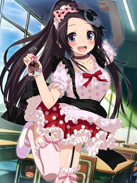 Anime picture 750x1000 with kami nomi zo shiru sekai elsea de lute irma wataru (zazazazazazawa) single long hair tall image looking at viewer blush open mouth blue eyes black hair ponytail classroom girl thighhighs dress hair ornament bow white thighhighs frills