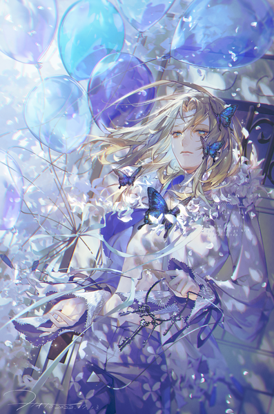 Anime picture 1100x1664 with original hato (dovecot) single long hair tall image blue eyes blonde hair standing looking away boy insect butterfly balloon key