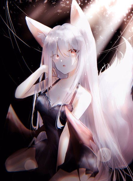 Anime picture 1516x2048 with original miyu (miy u1308) single long hair tall image looking at viewer blush fringe open mouth hair between eyes red eyes sitting bare shoulders animal ears payot silver hair tail animal tail hair over one eye :o
