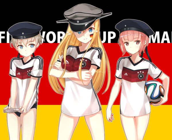 Anime picture 1666x1360 with kantai collection bismarck battleship z3 destroyer (max schultz) z1 destroyer (leberecht maass) touyama eight long hair looking at viewer blush short hair blue eyes blonde hair multiple girls pink hair pink eyes grey hair crossed arms clothes writing face paint flag print football