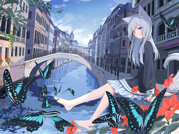 Anime picture 4800x3600 with original mikisai single long hair looking at viewer fringe highres sitting purple eyes animal ears absurdres sky silver hair cloud (clouds) full body outdoors tail long sleeves animal tail barefoot