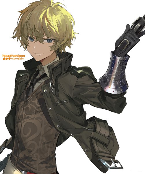 Anime picture 670x800 with fate (series) fate/grand order billy the kid (fate/grand order) hou (ppo) single tall image looking at viewer fringe short hair blue eyes simple background blonde hair smile hair between eyes white background upper body open jacket grin boy weapon