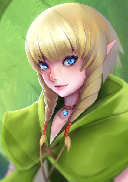 Anime picture 565x800 with the legend of zelda hyrule warriors nintendo linkle ryumi-gin single long hair tall image looking at viewer fringe blue eyes simple background blonde hair smile braid (braids) lips pointy ears twin braids portrait elf