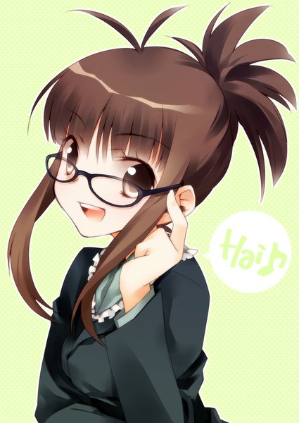 Anime picture 627x886 with idolmaster idolmaster (classic) akizuki ritsuko ech single long hair tall image looking at viewer fringe open mouth brown hair brown eyes ahoge ponytail portrait girl glasses