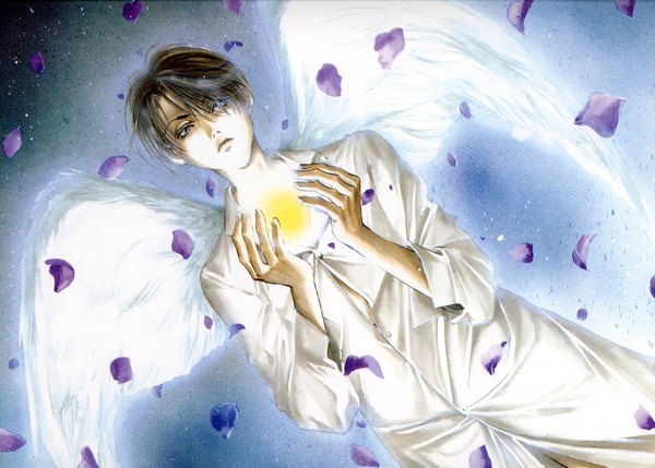 Anime picture 1722x1232 with angel sanctuary mudou setsuna yuki kaori highres short hair simple background brown hair grey eyes light angel boy shirt petals wings