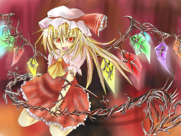 Anime picture 1224x918 with touhou flandre scarlet haru ion blonde hair red eyes girl weapon wings laevatein (touhou)
