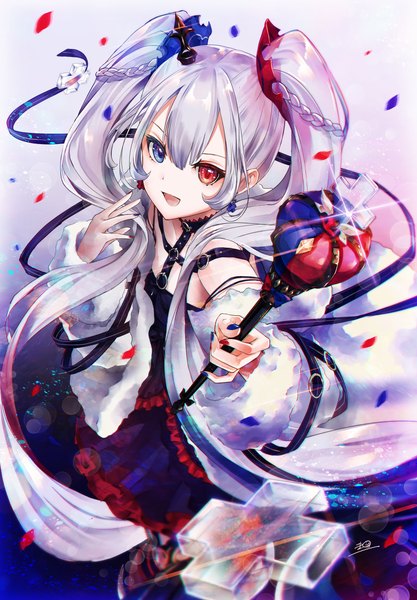 Anime picture 1917x2757 with arcaea shirahime (arcaea) sanamisa single tall image looking at viewer fringe highres open mouth blue eyes simple background hair between eyes red eyes standing twintails holding signed payot silver hair braid (braids)