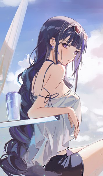 Anime picture 3750x6350 with genshin impact raiden shogun yutou (yutou75) single long hair tall image looking at viewer blush fringe highres breasts sitting purple eyes bare shoulders looking away absurdres sky purple hair cloud (clouds) blunt bangs