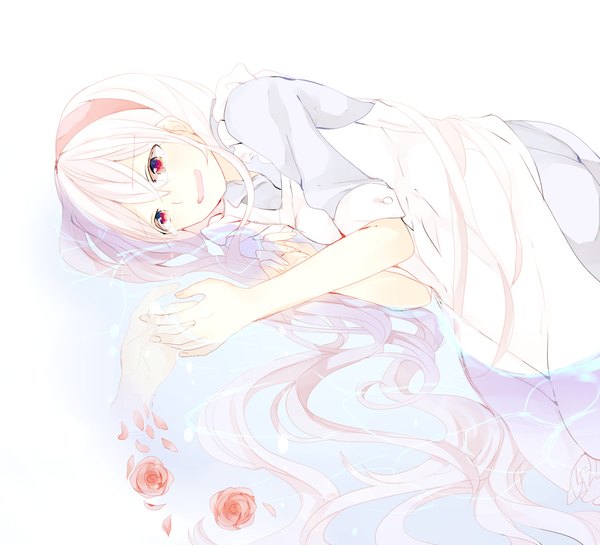 Anime picture 1100x1000 with kagerou project shaft (studio) mary (kagerou project) suzukiko single long hair blush open mouth smile red eyes white hair on side girl dress hair ornament flower (flowers) petals hairband rose (roses)