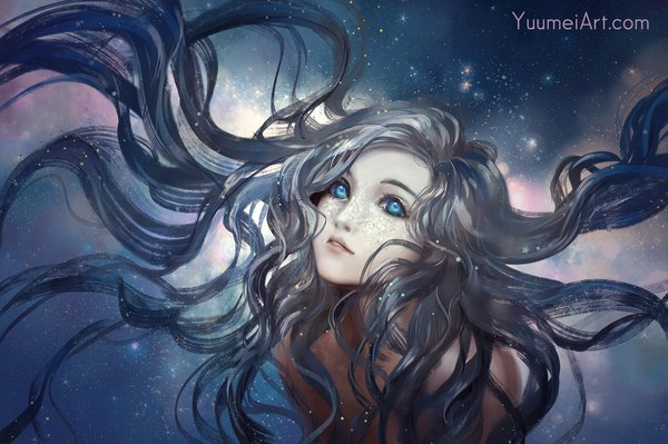 Anime picture 2000x1333 with original yuumei single highres blue eyes bare shoulders upper body very long hair parted lips lips grey hair floating hair wavy hair looking up freckles girl star (stars)
