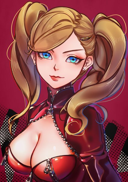 Anime picture 651x918 with persona 5 persona takamaki anne marchab 66 single long hair tall image looking at viewer fringe breasts blue eyes light erotic simple background blonde hair twintails signed cleavage upper body light smile sparkle