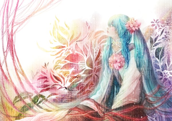 Anime picture 1500x1056 with vocaloid hatsune miku long hair sitting twintails profile hair flower aqua eyes aqua hair girl hair ornament flower (flowers) thread red thread