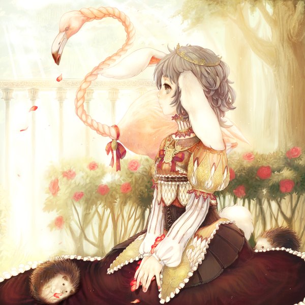 Anime picture 1360x1360 with alice in wonderland original queen of hearts manbou no suiso animal ears flower (flowers) ribbon (ribbons) plant (plants) animal petals tree (trees) rose (roses) flamingo hedgehog