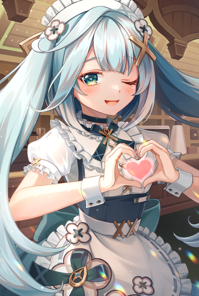 Anime picture 1378x2040 with genshin impact faruzan (genshin impact) faruzan (cafe) (genshin impact) karen (navy 42) single long hair tall image looking at viewer open mouth twintails green eyes blue hair one eye closed wink maid puffy sleeves official alternate costume ;d heart hands girl