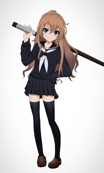 Anime picture 1535x2560 with toradora j.c. staff aisaka taiga drawdream1025 single long hair tall image looking at viewer fringe simple background smile hair between eyes brown hair standing white background brown eyes full body long sleeves zettai ryouiki hand on hip