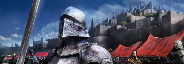 Anime picture 8558x3000 with shin megami tensei takeuchitosh777 highres wide image absurdres cloud (clouds) multiple boys knight boy weapon sword armor helmet castle fortress market