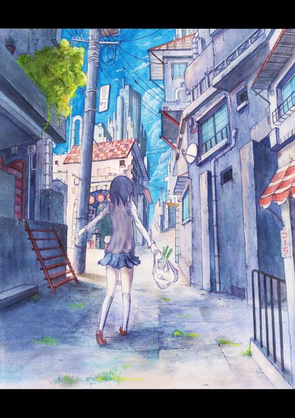Anime picture 1800x2546 with original cola (pixiv) tall image highres short hair black hair sky from behind city girl plant (plants) socks serafuku window building (buildings) white socks stairs wire (wires) leek
