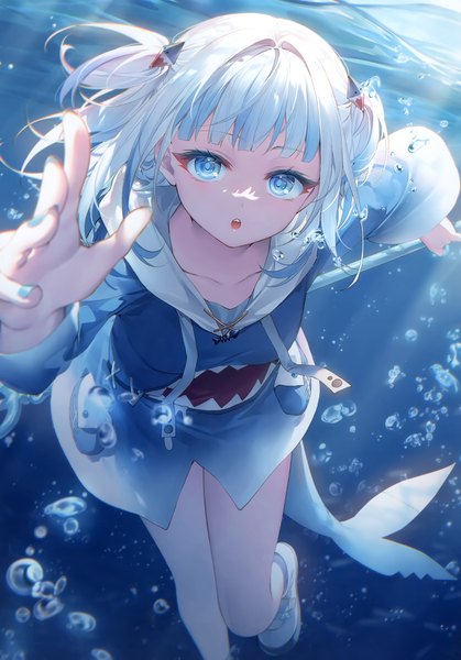 Anime picture 2418x3465 with virtual youtuber hololive hololive english gawr gura gawr gura (1st costume) toosaka asagi single tall image looking at viewer blush fringe highres short hair open mouth blue eyes holding silver hair tail blunt bangs nail polish