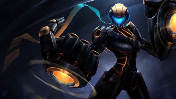 Anime picture 1500x844 with league of legends vi (league of legends) vegacolors single looking at viewer wide image girl weapon suit helmet huge weapon