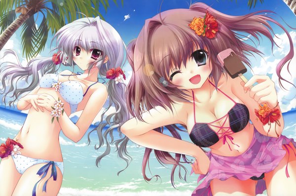 Anime picture 3500x2331 with izumi tsubasu long hair blush highres open mouth light erotic brown hair twintails multiple girls absurdres silver hair one eye closed pink eyes hair flower grey hair wink black eyes beach low twintails girl