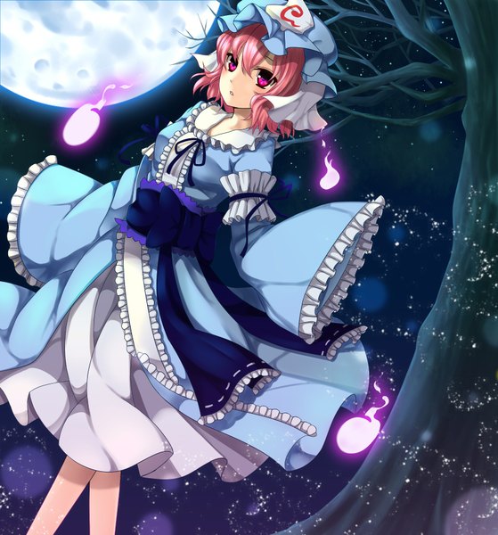 Anime picture 1700x1826 with touhou saigyouji yuyuko furapechi (artist) single tall image highres short hair red eyes pink hair night dutch angle ghost girl dress bow plant (plants) tree (trees) belt moon bonnet