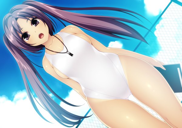 Anime picture 2047x1447 with original kinoshita ichi single long hair highres breasts open mouth light erotic large breasts twintails purple eyes sky purple hair cloud (clouds) outdoors from below dutch angle sideboob ass visible through thighs arm behind back