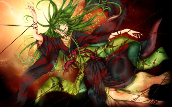 Anime picture 2560x1600 with code geass sunrise (studio) c.c. single long hair fringe highres wide image yellow eyes lying japanese clothes green hair legs bondage girl kimono obi bell rope