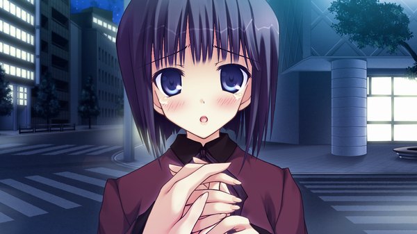 Anime picture 1280x720 with himitsu no otome blush short hair open mouth blue eyes black hair wide image game cg tears girl