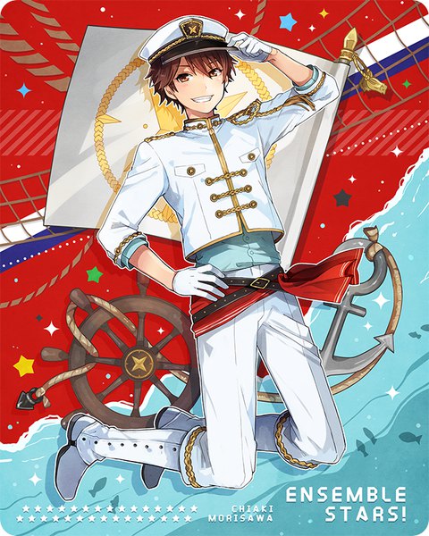 Anime picture 650x813 with ensemble stars! morisawa chiaki tama (songe) single tall image looking at viewer short hair smile brown hair brown eyes full body copyright name character names hand on hip kneeling adjusting hat boy gloves white gloves star (symbol)