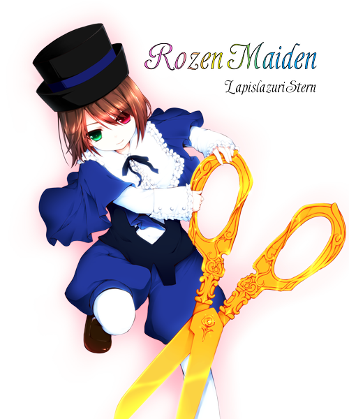 Anime picture 1500x1800 with rozen maiden souseiseki umxzo single tall image looking at viewer short hair brown hair inscription copyright name heterochromia transparent background girl hat scissors