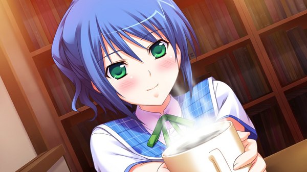 Anime picture 1024x576 with primary step blush short hair wide image green eyes blue hair game cg girl cup tea