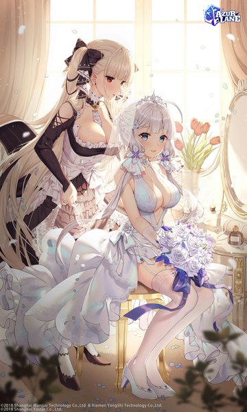 Anime picture 1200x2000 with azur lane formidable (azur lane) illustrious (azur lane) illustrious (morning star of love and hope) (azur lane) rosuuri long hair tall image blush fringe breasts open mouth blue eyes light erotic red eyes large breasts standing sitting twintails multiple girls payot