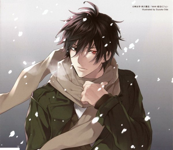 Anime picture 1620x1412 with shinrei tantei yakumo psychic detective yakumo saitou yakumo suzuka oda single short hair black hair simple background grey background heterochromia snowing boy jacket scarf