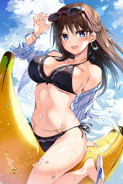 Anime picture 804x1200 with boku no kanojo sensei fujiki maka oryou single long hair tall image looking at viewer blush fringe breasts open mouth blue eyes light erotic smile hair between eyes brown hair large breasts sitting bare shoulders sky