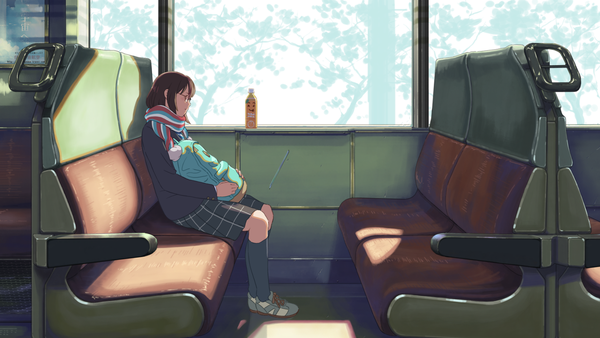 Anime picture 1920x1080 with original isai shizuka single long hair fringe highres brown hair wide image sitting holding eyes closed long sleeves profile sunlight plaid skirt striped sleeping plaid train interior crack