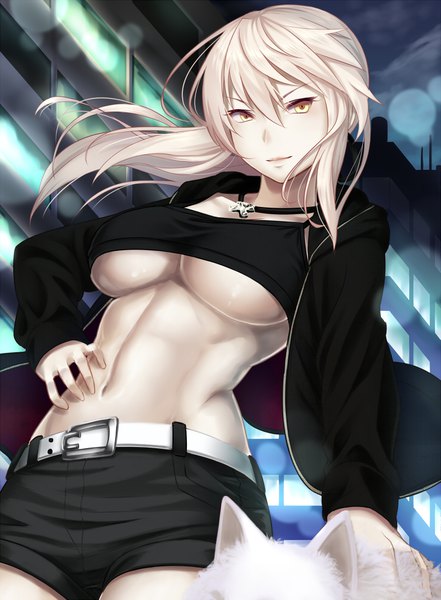 Anime picture 736x1000 with fate (series) fate/grand order artoria pendragon (all) saber alter cavall the 2nd koko (koko3) single long hair tall image looking at viewer fringe breasts light erotic blonde hair hair between eyes large breasts yellow eyes from below midriff hand on hip