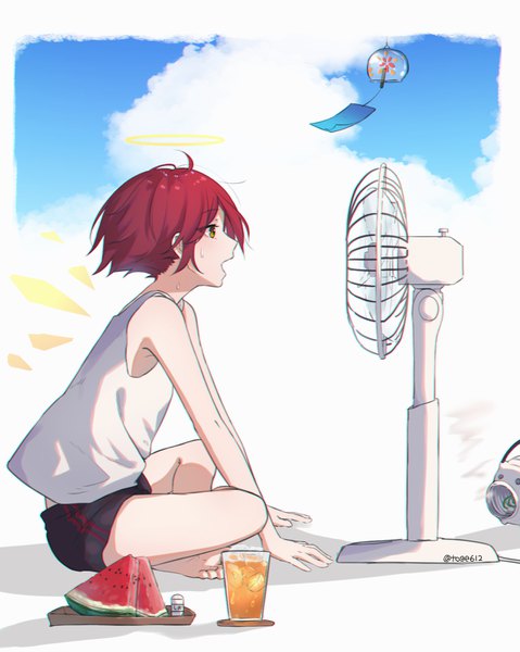 Anime picture 1196x1498 with arknights exusiai (arknights) amopui single tall image short hair sitting brown eyes signed sky cloud (clouds) full body red hair profile twitter username summer indian style girl food shorts