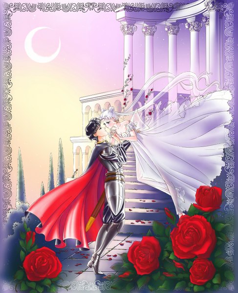 Anime picture 1217x1500 with bishoujo senshi sailor moon toei animation tsukino usagi princess serenity prince endymion tall image short hair black hair standing twintails sky white hair profile light smile black eyes couple hug holding hands face to face framed