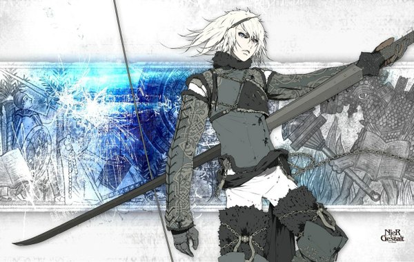 Anime picture 1255x794 with nier nier (young) single short hair blue eyes white hair monochrome eyes logo knight boy weapon plant (plants) animal sword armor book (books) chain staff huge weapon