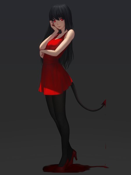 Anime picture 2400x3200 with original maredoro single long hair tall image looking at viewer fringe highres black hair simple background red eyes tail light smile grey background demon tail hand on face girl dress pantyhose blood