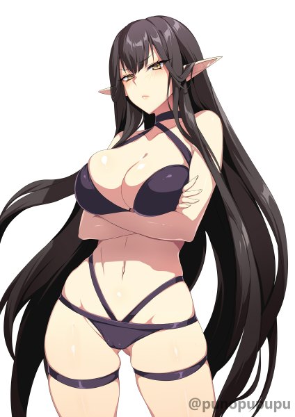 Anime picture 848x1200 with fate (series) fate/apocrypha semiramis (fate) zeroshiki kouichi single long hair tall image looking at viewer blush fringe breasts light erotic black hair simple background hair between eyes large breasts standing white background bare shoulders signed