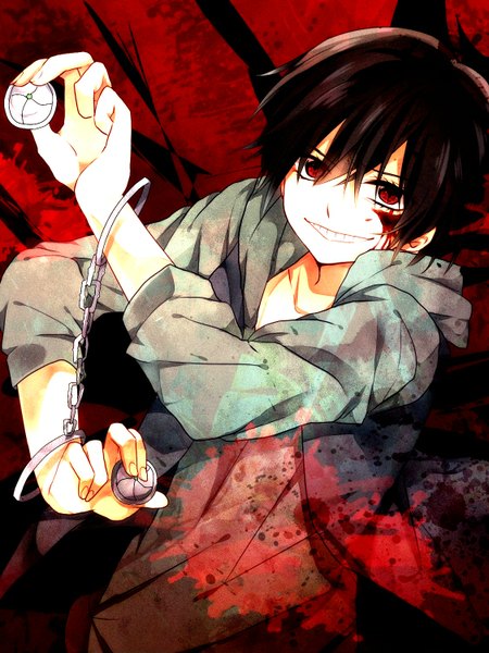 Anime picture 1126x1500 with btooom! madhouse kira kousuke miyuzu single tall image short hair black hair smile red eyes crazy smile boy blood handcuffs