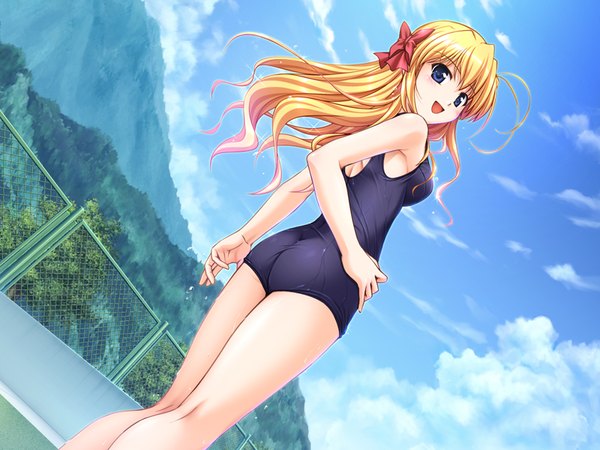 Anime picture 800x600 with fortune arterial august soft sendou erika bekkankou single long hair blue eyes light erotic blonde hair standing looking away game cg sky cloud (clouds) ahoge ass sparkle hand on hip girl bow