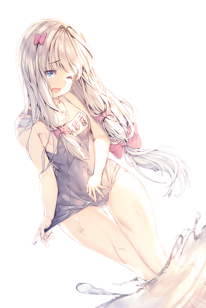 Anime picture 622x929 with eromanga sensei a-1 pictures izumi sagiri aile (crossroads) single long hair tall image fringe open mouth blue eyes light erotic blonde hair standing silver hair one eye closed thigh gap looking down low ponytail transparent background clothes writing