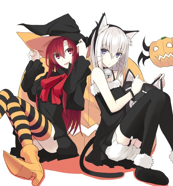 Anime picture 1500x1609 with original kauto long hair tall image looking at viewer blue eyes red eyes bare shoulders multiple girls animal ears white hair red hair tail animal tail cat ears cat girl cat tail halloween witch girl