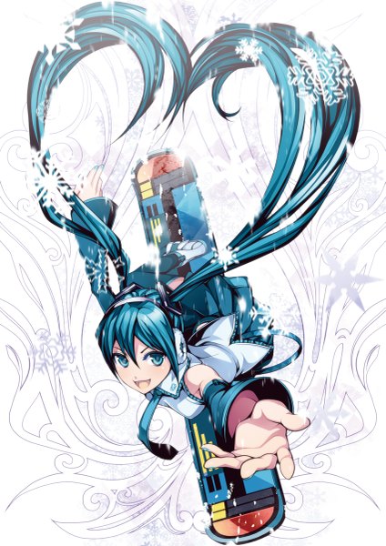 Anime picture 849x1200 with vocaloid hatsune miku torigoe takumi single tall image looking at viewer open mouth blue eyes twintails blue hair very long hair spread arms girl thighhighs skirt detached sleeves necktie headphones snowflake (snowflakes) earmuffs
