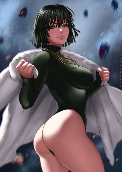 Anime picture 750x1061 with one-punch man madhouse fubuki (one-punch man) dandon fuga single tall image looking at viewer fringe short hair breasts light erotic black hair standing green eyes ass realistic turning head girl leotard necklace